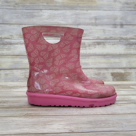Ugg Rahjee Pull-On Rubber Rain Boots Toddler Girls Size 10 Pink Butterflies - Picture 1 of 9